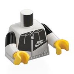 LEGO part 973g03c27h01pr0001 Torso, Dual Molded Arms with Black/White Tracksuit, 'NIKE' LogoBlack Sleeves Pattern, White Arms, Yellow Hands in White