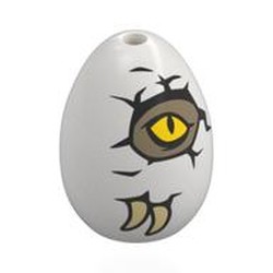 LEGO part 24946pr0004 Food Egg with 1.5mm Hole with Dark Tan Dino, Yellow Eyes Breaking trough Crack print in White