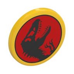 LEGO part 30261pr0013 Road Sign Clip-on 2 x 2 Round with Jurassic Park Logo print in Bright Yellow/ Yellow
