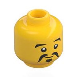 LEGO part 28621pr0085 Minifig Head Su Dongpo, Black Eyebrows, Moustache, Goatee, Smile / Suspisious in Bright Yellow/ Yellow
