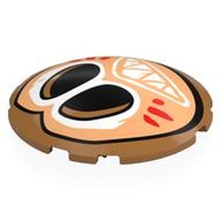 LEGO part 7426pr0004 Brick Round Curved 6 x 6 x 1 with Tan Kakamora Face, White Eyes, Mouth, Red Markings  print in Medium Nougat