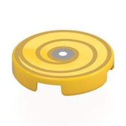 LEGO part 14769pr0051 Tile Round 2 x 2 with Gold Swirl, Silver/White Circle Center print in Bright Yellow/ Yellow