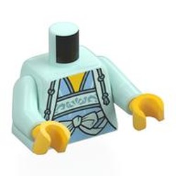 LEGO part 973c15h01pr0002 Torso, Bright Light Blue Dress, Light Aqua Band, Bow, Yellow Chest print, Light Aqua Arms, Yellow Hands in Aqua/ Light Aqua