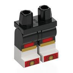 LEGO part 970c03pat27pr0011 Hips with Black Legs and White Boots Pattern with Bright Light Orange Shoes, Red Toes, Narrow Gold Knees print in Black