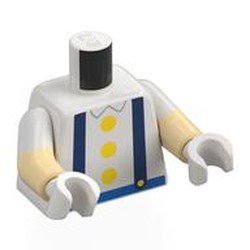 LEGO part 973g27c26h27pr0001 Torso, Dual Molded Arms with Dark Blue Suspenders, Yellow Buttons, Blue Belt print, White Sleeves Pattern, Tan Arms, White Hands in White
