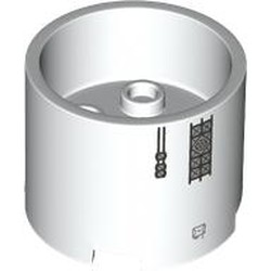 LEGO part 73111pr0004 Brick Round 3 x 3 x 2 Recessed Center with 2 x 2 Studs and Axle Hole with print in White