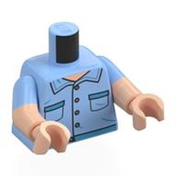 LEGO part 973g29c02h02pr0003 Torso, Dual Molded Arms with Bright Light Blue Sleeves Pattern, Light Nougat Arms and Hands with print in Light Royal Blue/ Bright Light Blue