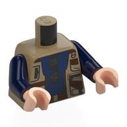 LEGO part 973c05h02pr0010 Torso Vest Jacket, Dark Blue Shirt, Pockets, Zipper, Sunglasses Print, Dark Blue Arms, Light Nougat Hands with print in Sand Yellow/ Dark Tan