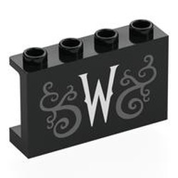 LEGO part 14718pr0031 Panel 1 x 4 x 2 with White 'W', Dark Bluish Grey Spirals Print in Black