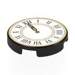 LEGO part 14769pr0064 Tile Round 2 x 2 with White Clockface, Black Roman Numerals, Gold Dials, Decorations print in Black