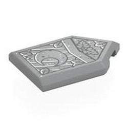 LEGO part 22385pr0165 Tile Special 2 x 3 Pentagonal with Dark Bluish Grey Shield, Crescent Moon, Leaves print in Medium Stone Grey/ Light Bluish Gray