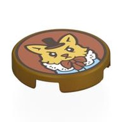 LEGO part 14769pr0063 Tile Round 2 x 2 with Ochre Yellow Cat, Black Hat, White Collar, Bright Light Blue Dress on Nougat Background print in Warm Gold/ Pearl Gold