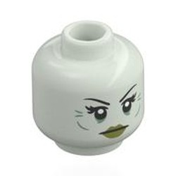 LEGO part 28621pr0204 Minifig Head Baroness, Black Eyebrows, Olive Green Lips, Neutral / Smile in Glow in Dark White