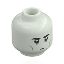 LEGO part 28621pr0206 Minifig Head Butler, Black Eyebrows, Olive Green Eyeshadow, Stern Stare / Scared in Glow in Dark White