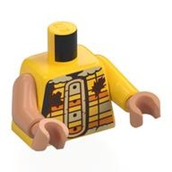 LEGO part 973e155pr0001 Torso, Odd Arms, Left Yellow Arm, Right Nougat Arm, Nougat Hands with print in Bright Yellow/ Yellow