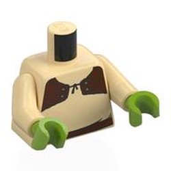 LEGO part 973c26h18pr0001 Torso, Dark Brown Small Vest/Belt print, Tan Arms, Lime Hands in Brick Yellow/ Tan