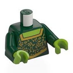 LEGO part 973c35h18pr0004 Torso, Dress, Gold Flowers, Trim, Lime Chest print, Dark Green Arms, Lime Hands in Earth Green/ Dark Green