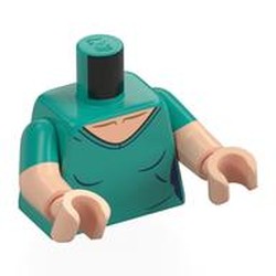 LEGO part 973g46c02h02pr0001 Torso, Dual Molded Arms with Dark Turquoise Sleeves Pattern, Light Nougat Arms and Hands with print in Bright Bluish Green/ Dark Turquoise
