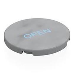 LEGO part 7880pr0002 Tile Round 4 x 4 with Bright Light Blue 'OPEN' Print in Medium Stone Grey/ Light Bluish Gray