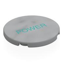 LEGO part 7880pr0001 Tile Round 4 x 4 with Dark Turquoise 'POWER' Print in Medium Stone Grey/ Light Bluish Gray