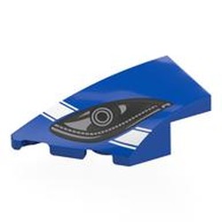 LEGO part 6930pr0003 Brick Wedged, Curved 4 x 2 with Stud Notch Left with Black/Dark Bluish Grey Headlight, White Stripe print in Bright Blue/ Blue