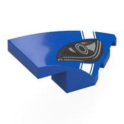 LEGO part 6929pr0003 Brick Wedged, Curved 4 x 2 with Stud Notch Right with Black/Dark Bluish Grey Headlight, White Stripe print in Bright Blue/ Blue