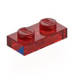 LEGO part 3023pr0015 Plate 1 x 2 with Blue Triangle Right print in Transparent Red/ Trans-Red