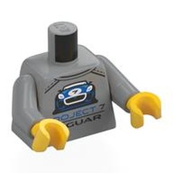 LEGO part 973c14h01pr0003 Torso, Light Bluish Gray Arms, Yellow Hands with print in Medium Stone Grey/ Light Bluish Gray