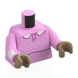 LEGO part 973c43h11pr0001 Torso, Night Gown, Dark Pink Trim, White Dots, Collar print, Bright Pink Arms, Dark Tan Hands in Light Purple/ Bright Pink