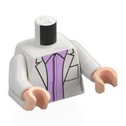 LEGO part 973c27h02pr0031 Torso, Lab Coat, Lavender Shirt Print, White Arms, Light Nougat Hands in White