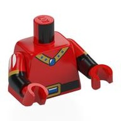 LEGO part 973g22c03h03pr0001 Torso, Dual Molded Arms with Black Belt, Gold Belt Buckle, Necklace with Blue Jewel, White Stripes on Arms print, Red Sleeves Pattern, Black Arms and Hands in Bright Red/ Red