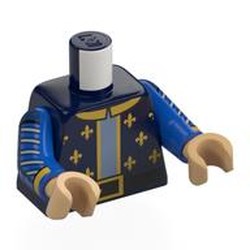 LEGO part 973c28h70pr0002 Torso, Tunic, Gold Trim, decorations, Collar, Black Belt, Sand Blue Shirt, Silver Stripes on Arms print, Blue Arms, Warm Tan Hands in Earth Blue/ Dark Blue