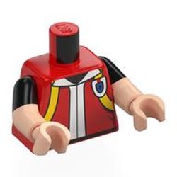 LEGO part 973g03c02h02pr0002 Torso, Dual Molded Arms with Black Sleeves Pattern, Light Nougat Arms and Hands with Print in Bright Red/ Red