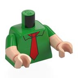 LEGO part 973g06c02h02pr0001 Torso, Dual Molded Arms with Shirt, Red Tie Print, Bright Green Sleeves Pattern, Light Nougat Arms and Hands in Bright Green