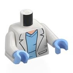 LEGO part 973c27h29pr0001 Torso, White Arms, Bright Light Blue Hands with print in White
