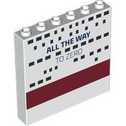 LEGO part 59349pr0011 Panel 1 x 6 x 5 with 'ALL THE WAY TO ZERO', Black Windows, Dark Red Stripe print in White