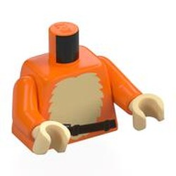 LEGO part 973c34h26pr0002 Torso, Tan Fur Chest, Dark Brown Strap print, Orange Arms, Tan Hands in Bright Orange/ Orange