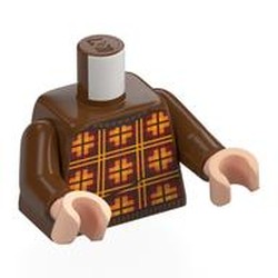 LEGO part 973c19h02pr0005 Torso, Plaid Sweater, Orange/Yellow Shapes, Yellow Lines print, Reddish Brown Arms, Light Nougat Hands in Reddish Brown