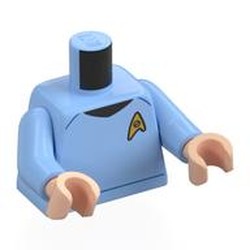 LEGO part 973c29h02pr0006 Torso, Star Fleet Uniform, Gold Badge print, Bright Light Blue Arms, Light Nougat Hands in Light Royal Blue/ Bright Light Blue