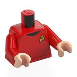 LEGO part 973c22h02pr0010 Torso, Star Fleet Uniform, Gold Badge print, Red Arms, Light Nougat Hands in Bright Red/ Red