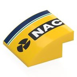 LEGO part 7249pr0004 Brick Curved 4 x 4 x 1 2 / 3 with Dark Blue/White/Green Stripes, White 'NAC' on Black Background print in Bright Yellow/ Yellow