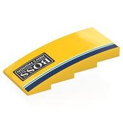 LEGO part 8236pr0009 Brick Curved 4 x 8 x 1 2/3 No Studs with Dark Blue/White/Green Stripes, White BOSS MAN'S FASHION' on Black Background print in Bright Yellow/ Yellow