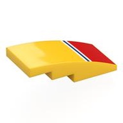 LEGO part 93606pr0045 Brick Curved 4 x 2 No Studs with White/Dark Blue Lines, Red Rectangle print in Bright Yellow/ Yellow