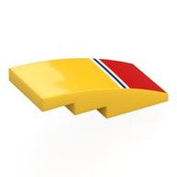 LEGO part 93606pr0046 Brick Curved 4 x 2 No Studs with White/Dark Blue Lines, Red Rectangle print in Bright Yellow/ Yellow