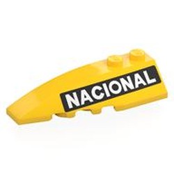 LEGO part 5830pr0001 Brick Wedged, Curved 6 x 2 Left with White 'NACIONAL' on Black Background print in Bright Yellow/ Yellow