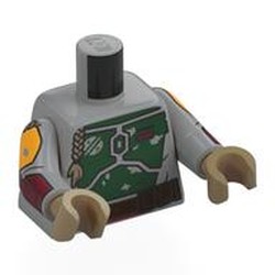 LEGO part 973c14h11pr0001 Torso Armor, Dark Green Panels, Dark Brown Belt, Braids print (Boba Fett), Light Bluish Gray Arms with Dark Red Panels Print and Hands in Medium Stone Grey/ Light Bluish Gray