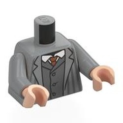 LEGO part 973c14h02pr0011 Torso, Suit, Dark Bluish Grey Striped Jacked, Dark Bluish Grey Vest, White Shirt, Sand Red Tie print, Light Bluish Gray Arms, Light Nougat Hands in Medium Stone Grey/ Light Bluish Gray