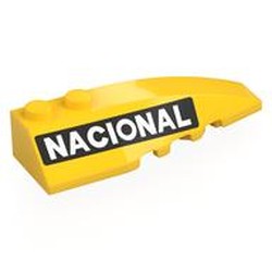 LEGO part 5711pr0001 Brick Wedged, Curved 6 x 2 Right with White 'NACIONAL' on Black Background print in Bright Yellow/ Yellow