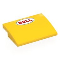 LEGO part 8235pr0011 Brick Curved 4 x 3 x 2/3 No Studs with Red 'BELL' in Black Oval, White Field print in Bright Yellow/ Yellow