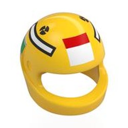 LEGO part 2446pr0073 Helmet, Standard with Black Logos, White, Green, Dark Blue Stripes, White/Red Rectangles print in Bright Yellow/ Yellow
